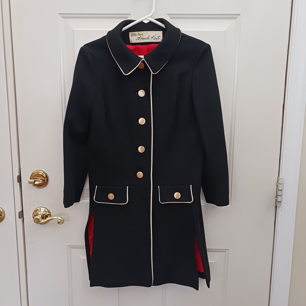Vintage Lilli Ann French Knit Coat Black Cream Piping Red Lining Gold Buttons XS